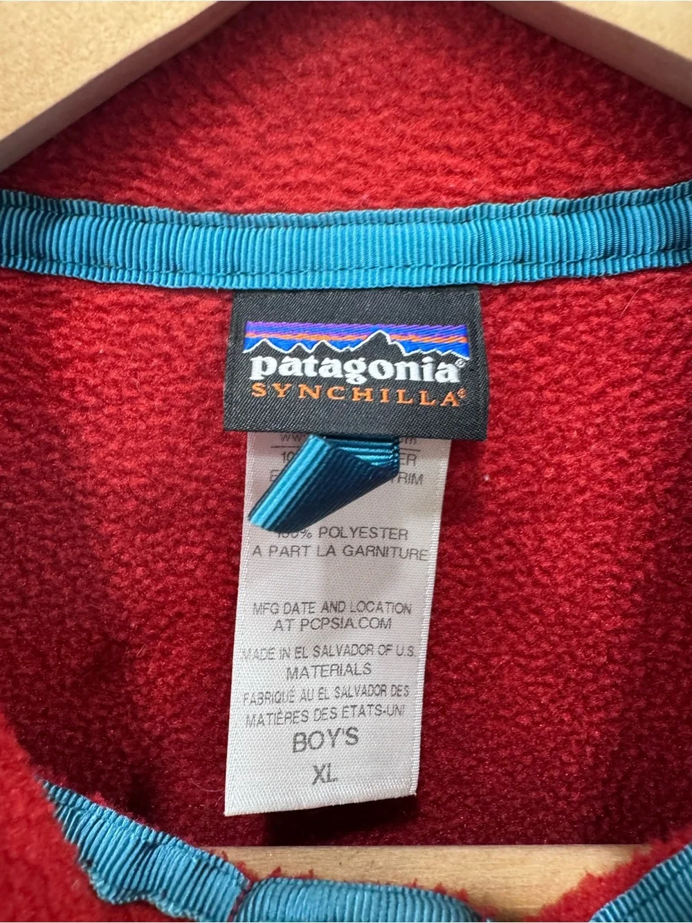 Patagonia Synchilla Snap T fleece pullover Red Navy Blue Boys Sz XL